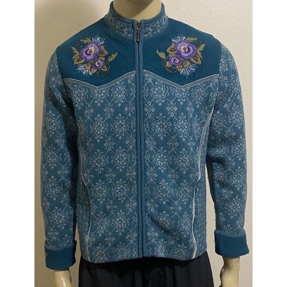 Icelandic Design Women's Full Zip Medium Floral Embroidered Sweater Blue Gray - Picture 1 of 11